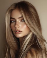 Young woman with long blonde highlighted hair, natural makeup, and freckles gazing at camera against neutral background. Soft lighting enhances facial features.