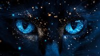 Mystical glowing blue cat eyes with sparkling stardust effect against dark background, creating magical feline gaze with cosmic elements and light particles.