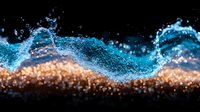 Dynamic blue water splash colliding with golden glowing particles against black background creates dramatic contrast and motion effect for luxury advertising.