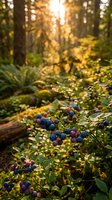 Wild blueberries growing in sunlit forest with golden light filtering through trees creating natural woodland scene for organic food and nature concepts.