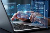 Business professional using laptop with holographic digital interface displaying automated analytics and report generation systems for modern workflow.