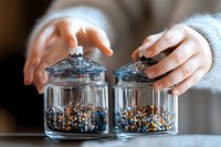 Female hands opening decorative glass storage jars filled with colorful sprinkles and confectionery toppings against blurred background, close-up view for food styling.