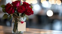 Red roses bouquet in glass mason jar with blank card and twine decoration against blurred bokeh background, romantic Valentine's day or anniversary setting.