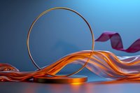 Abstract golden ring with flowing orange ribbons on blue gradient background for modern design projects and presentations.