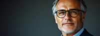 Confident mature Caucasian businessman with gray hair, beard and glasses smiling against dark background. Professional corporate portrait with copy space.