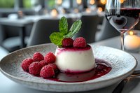 Italian panna cotta dessert with fresh raspberries, mint leaves and berry sauce served on gray plate in restaurant setting with wine glass and ambient lighting.