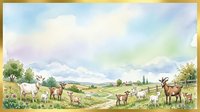 Watercolor pastoral scene with goats grazing on green meadows, soft cloudy sky, and a charming farmhouse in the distance. Golden border frame.
