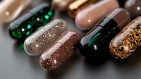 Colorful nail art samples with glitter, metallic, and animal print designs showcasing trendy manicure options for salon clients.