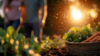 Fresh organic vegetables in woven basket at sunset garden with golden bokeh lights and lens flare, farm to table concept for healthy eating and agriculture.