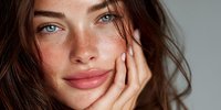 Young woman with freckles touching face gently, natural beauty skincare concept, close-up portrait with soft lighting for cosmetic and wellness advertising.