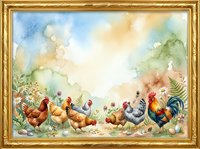 Watercolor illustration of farm chickens and roosters in a pastoral garden setting with flowers and plants, framed in gold, suitable for farmhouse decor and agricultural designs.