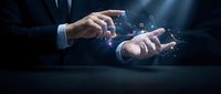 Businessman hands with digital network connections and glowing data particles representing modern technology and connectivity solutions.