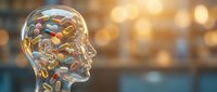 Transparent glass head profile filled with colorful pills and capsules representing mental health medication and pharmaceutical treatment concepts.
