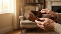 Senior man hands holding empty brown leather wallet in cozy living room interior showing financial hardship and economic struggles in retirement.