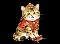 Tabby cat wearing red traditional Asian garment with gold embroidery and matching hat, holding decorative tassel. Isolated on transparent background, ready for t-shirts, stickers, clipart, sublimation and print-on-demand designs.