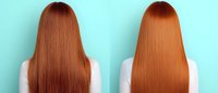 Long straight auburn hair before and after keratin treatment shown on female model against mint background, demonstrating hair smoothing results.