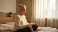 Senior woman with gray hair sitting on bed in sunlit bedroom, wearing casual beige sweater, looking thoughtfully toward window with natural light streaming through sheer curtains.