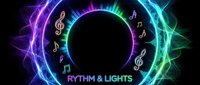 Neon music notes and treble clefs swirling in colorful electric waves around dark center with glowing text for audio visual entertainment design.