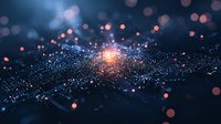 Glowing particles form dynamic network with orange light burst against dark background, creating futuristic digital landscape with bokeh effect and depth of field.