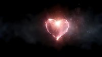 Glowing pink heart shape radiating bright light against dark cosmic background with sparkling particles and ethereal atmosphere for romantic designs.