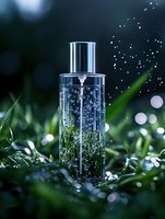 Luxury glass perfume bottle with bubbles and water drops in green grass against dark background with bokeh lights. Natural cosmetics concept.