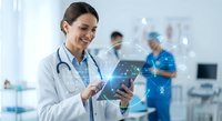 Female doctor using digital tablet with holographic medical interface in modern hospital clinic with healthcare team working in background.
