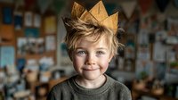 Young blonde boy wearing golden paper crown smiling at camera in cozy home setting for birthday party celebration or imaginative play activities.