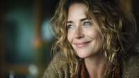 Mature Caucasian woman with curly blonde hair smiling warmly at camera. Soft natural lighting highlights her blue eyes and genuine expression. For lifestyle, wellness, or confidence concepts.