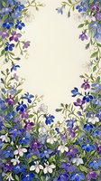 Watercolor floral frame with blue, purple, and white flowers on cream background, copy space for text, greeting card or invitation design.