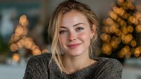 Young blonde Caucasian woman smiling warmly with golden bokeh lights in background creating cozy atmosphere for lifestyle and portrait photography.