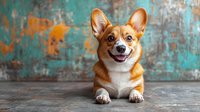 Happy Welsh Corgi dog lying on floor against turquoise grunge wall background. Smiling pembroke puppy with bright orange and white fur looking at camera.