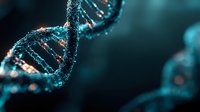 Digital DNA double helix structure with glowing particles in blue tones for biotechnology and genetic research presentations.