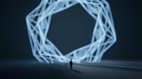 Silhouetted figure standing before glowing geometric portal made of intertwined light strands, creating futuristic tunnel effect for sci-fi, technology, innovation, and digital transformation concepts.