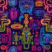 Vibrant neon tribal pattern with mystical symbols, faces and totems on dark background creates psychedelic seamless design for modern fabric and wallpaper projects.