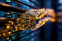 Glowing fiber optic cables in server room with bokeh light effect create modern technology network infrastructure background for telecommunications concept.