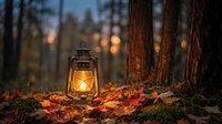 Vintage oil lantern glowing warmly among colorful autumn leaves in forest setting. Cozy camping atmosphere with golden light and fall foliage on ground.