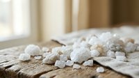 Sea salt crystals scattered on linen fabric with natural light, suitable for culinary, wellness, and food styling projects.