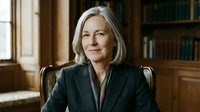 Professional mature Caucasian businesswoman with gray hair sitting confidently in elegant office library setting with wooden bookshelves and classic furniture.