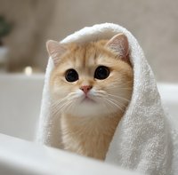 Adorable cream-colored cat wrapped in white towel after bath, big round eyes looking up with innocent expression, soft focus portrait against neutral background.