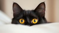Curious black cat with bright yellow eyes peeking over edge, hiding and stalking. Close up portrait showing only eyes and ears against light background.