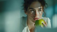 Young woman with curly hair eating green apple in modern kitchen. Healthy lifestyle nutrition concept for wellness and diet advertising campaigns.