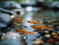Small orange fish swimming in shallow crystal clear water among smooth dark stones and pebbles, natural aquatic environment with soft bokeh effect.