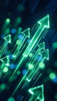Neon glowing upward arrows with growth labels on dark blue background with bokeh lights, representing business success, financial growth, and positive market trends.