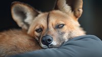 Sleepy red fox dog resting head on owner's arm, close-up portrait showing expressive eyes and pointed ears against dark background.