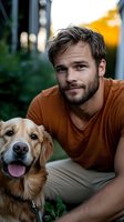 Caucasian male in brown t-shirt smiling with golden retriever dog outdoors during sunset. Natural lifestyle portrait showing bond between pet owner and companion.