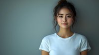 Young Asian woman in casual light blue t-shirt with messy bun hairstyle against neutral gray background for lifestyle and fashion content.