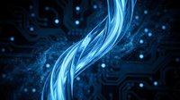 Digital data stream flowing through circuit pathways with glowing blue light particles, representing technology, connectivity, and information transfer for digital transformation concepts.