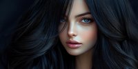 Young woman with intense blue eyes and flowing dark hair against black background, dramatic lighting emphasizes ethereal beauty and mysterious allure.