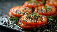 Grilled tomato slices seasoned with fresh herbs, black pepper and sea salt on dark background. Close up view of roasted vegetables with aromatic spices.