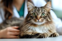 Portrait of long-haired tabby cat with striking green eyes and fluffy mane lying calmly while being petted, showing affectionate expression at veterinary clinic.